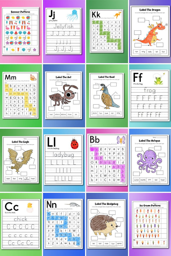 collage image of alphabet preschool worksheets