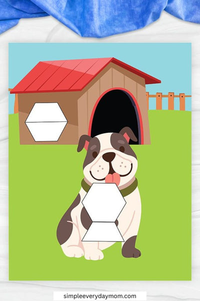 A cartoon bulldog sits in front of a dog house with a red roof, featuring a space on its body and the doghouse wall for inserting pattern blocks.