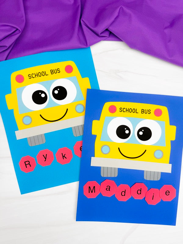 Two colorful school bus cards with names on a purple and white background