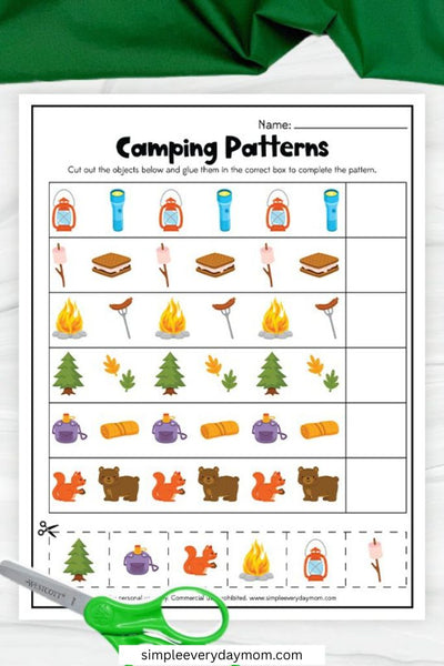 A pattern completion worksheet titled “Camping Patterns” asks children to cut and glue missing camping-themed objects to finish each row.