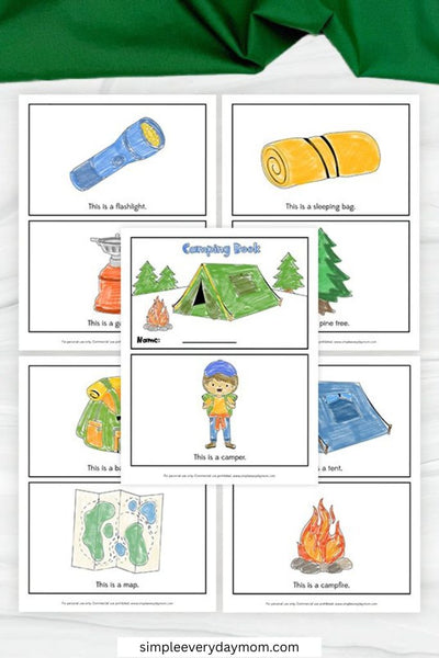 A printable camping-themed mini book includes simple illustrations and sentences identifying camping items such as a flashlight, sleeping bag, map, tent, and camper.