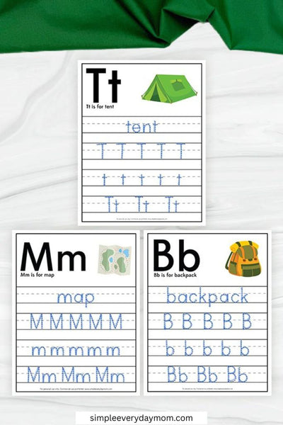Three handwriting worksheets feature uppercase and lowercase tracing practice for the letters T, M, and B with related images of a tent, map, and backpack.