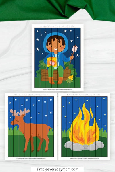 Three strip-style puzzles show colorful illustrations of a child roasting marshmallows, a moose, and a campfire under a starry sky.