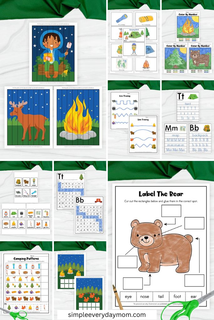 A collage of preschool worksheets includes camping-themed puzzles, color-by-number pages, tracing activities, letter and word recognition, patterning, and a bear labeling worksheet.