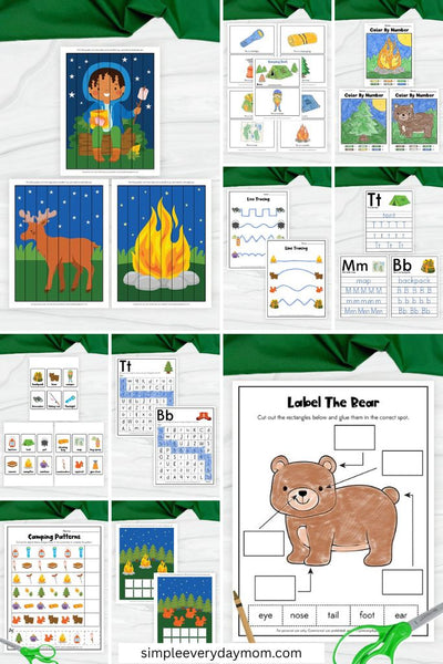 A collage of preschool worksheets includes camping-themed puzzles, color-by-number pages, tracing activities, letter and word recognition, patterning, and a bear labeling worksheet.