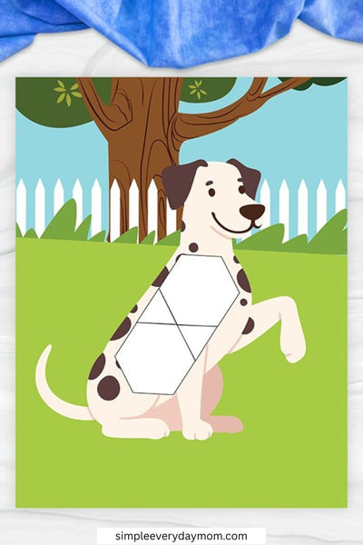 A cartoon dalmatian with black spots and a raised paw sits in front of a tree and fence, with several geometric pattern block shapes outlined on its body.