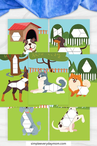 A collage of various cartoon dog illustrations shows different breeds with blank geometric pattern block spaces on their bodies and surroundings.