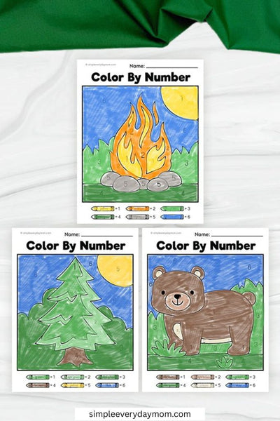 Three completed color-by-number worksheets display a campfire, pine tree, and brown bear with areas colored according to a numbered key.