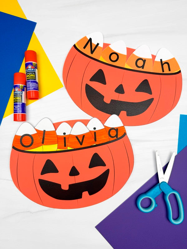 Two paper pumpkins craft with names 'Noah' and 'Olivia', glue, scissors, and colored paper on a white background.