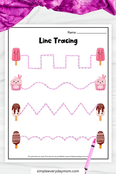 A line tracing worksheet features popsicles and ice cream at each end of zigzag and curved paths for early fine motor practice.