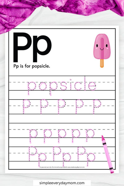 A handwriting worksheet for the letter P features tracing practice for the word “popsicle” and both uppercase and lowercase letters.