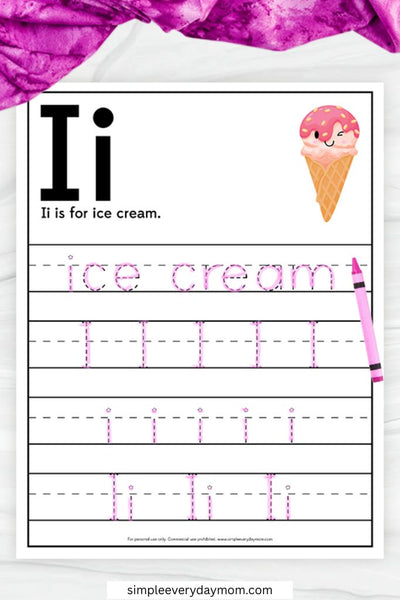 A handwriting worksheet for the letter I includes tracing lines for the word "ice cream" and uppercase and lowercase I letters.
