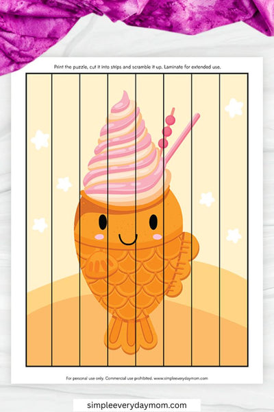 A vertical strip puzzle depicts a smiling taiyaki-style fish cone topped with pink and yellow swirled ice cream and candy sticks.