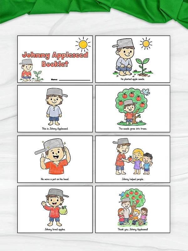 Johnny Appleseed booklet on a white background with green fabric.