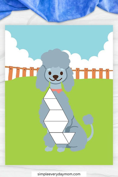 A cartoon poodle with blue-gray fur and a pink collar stands on grass with several empty spaces on its body designed for diamond-shaped pattern blocks.
