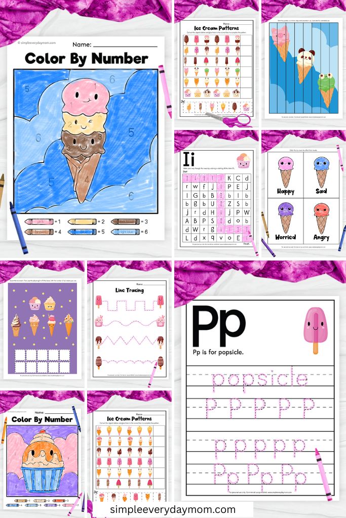 collage of ice cream-themed worksheets includes color-by-number pages, letter and word tracing, puzzles, pattern activities, emotions matching, and fine motor skills practice.