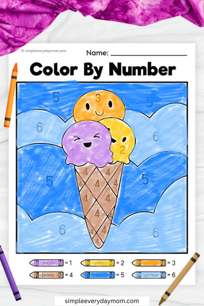 A completed color-by-number worksheet shows a three-scoop ice cream cone with smiling faces and numbers guiding the coloring.