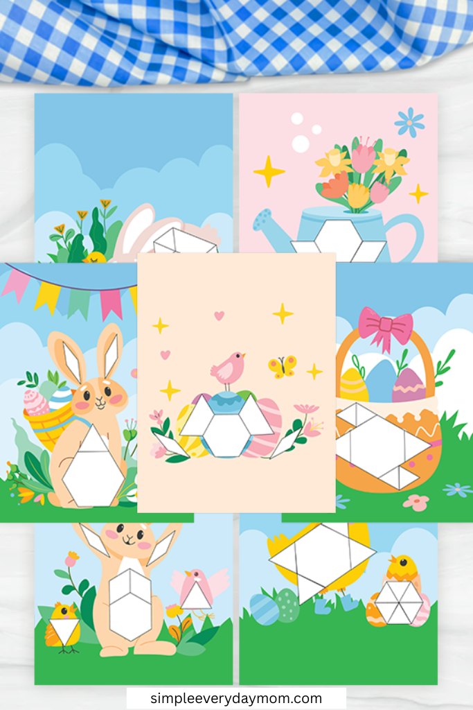 A set of colorful Easter-themed activity cards featuring bunnies, chicks, flowers, and eggs with blank geometric shapes for children to complete is displayed on a white surface with a blue checkered cloth above.