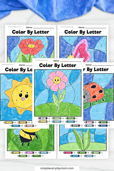 A collection of five "Color by Letter" worksheets featuring flowers, a sun, a bee, a ladybug, and a butterfly, all filled in with bright colors based on letter-coded sections.