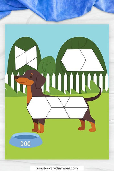 A cartoon dachshund stands near bushes and a white picket fence, with multiple geometric pattern block spaces on its body and in the background.