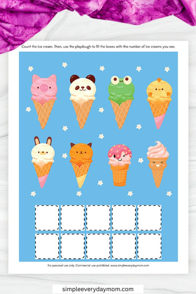 A counting activity worksheet shows ten colorful animal-themed ice cream cones and includes empty boxes for children to fill in totals.