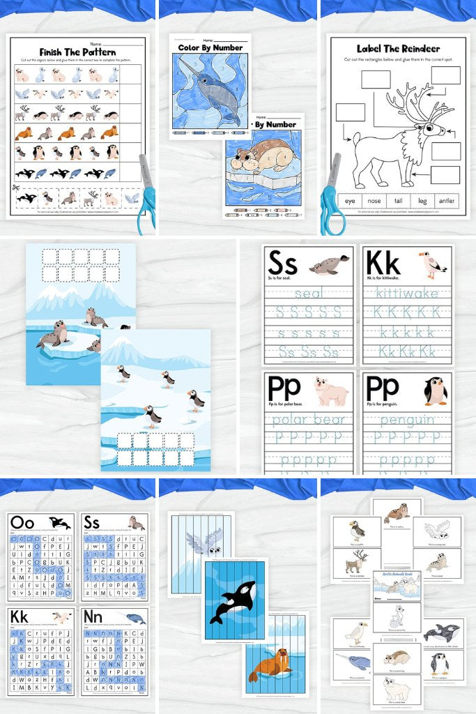 collage image of preschool winter animal printables