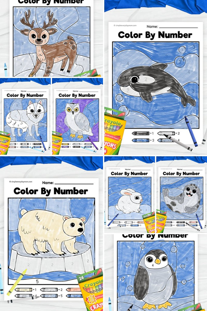 collage image of winter animal color by number printables for kids