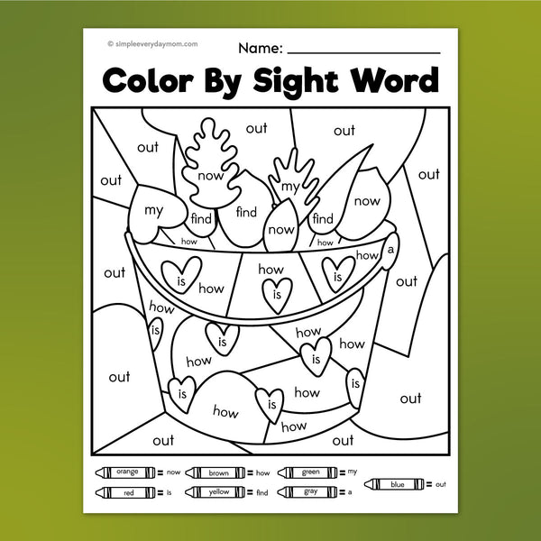 bucket of leaves color by sight word worksheet