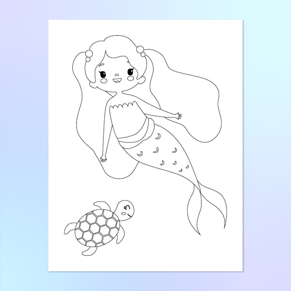 long haired mermaid coloring  page with turtle 