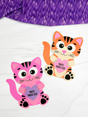 Two Valentine cat crafts with heart-shaped signs on a white background