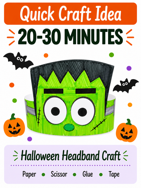 A Halloween craft graphic showing a Frankenstein-style headband made from paper, with a large green face, black hair, and decorative text reading 'Quick Craft Idea,' '20-30 MINUTES,' and 'Halloween Headband Craft.' The design includes pumpkins, bats, and colored dots on a white background.