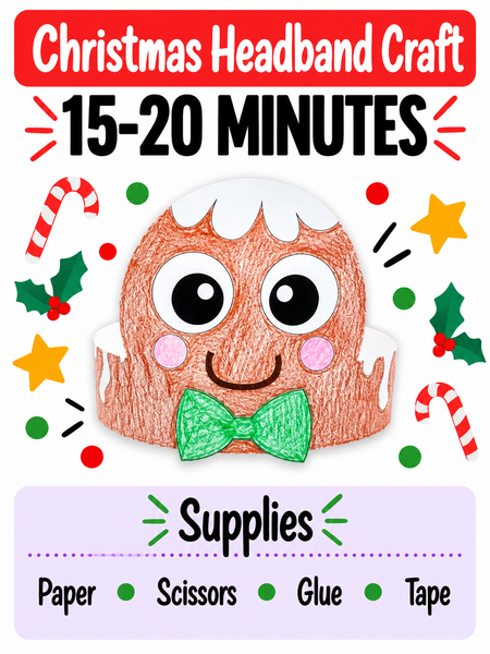 Christmas gingerbread headband craft infographic featuring a brown gingerbread character with white icing, a green bow tie, and a smiling face. Shows a 15–20 minute completion time and supplies including paper, scissors, glue, and tape.