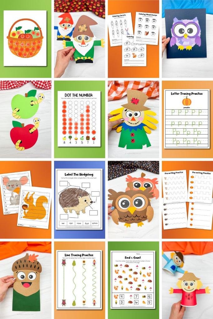 collage of fall crafts and worksheets for kids