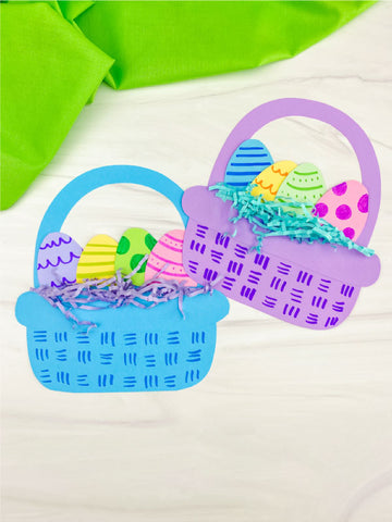 Two colorful Easter basket crafts with eggs on a white background