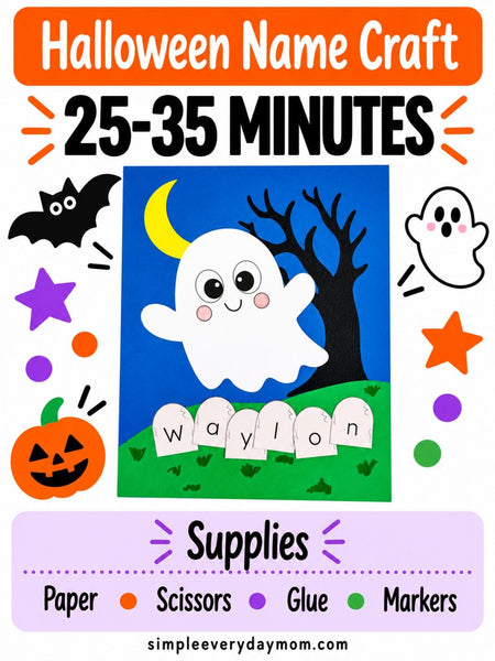 Halloween ghost name craft infographic showing a smiling white ghost, crescent moon, black tree, and gravestones spelling Waylon. Includes a 25–35 minute completion time and supplies: paper, scissors, glue, and markers.

