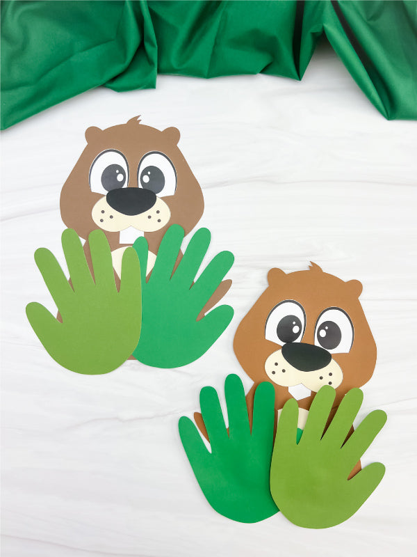 Two groundhog crafts with handprint grass on white background. 