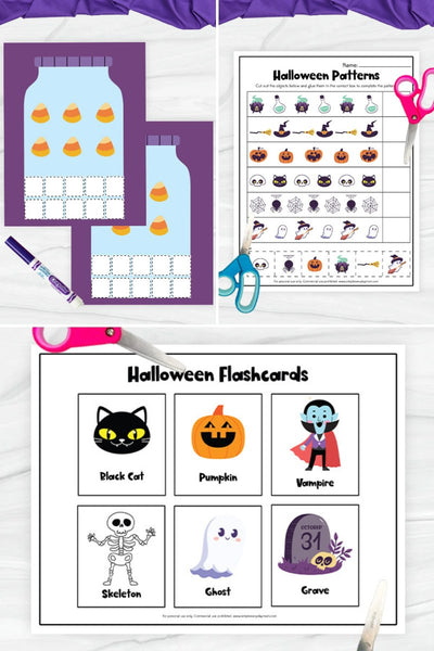 collage image of printable halloween learning activities for kids