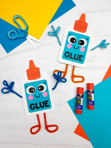 Cartoon glue bottles with colorful paper shapes on a white background