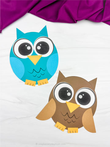 Two paper owl cutouts, one blue and one brown, on a white background with a purple fabric at the top.