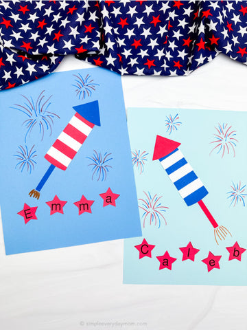 Two firecracker name crafts on a white background with star fabric on top 