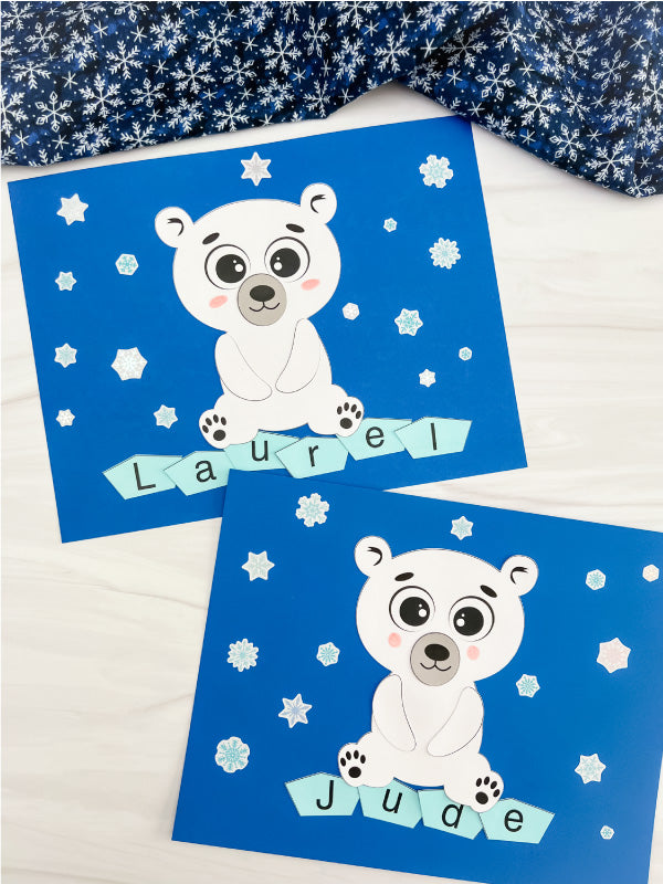 Two polar bear name crafts on white background with snowflake fabric at the top