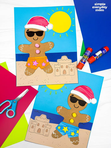Two gingerbread man on the beach crafts on colorful background with scissors and glue sticks
