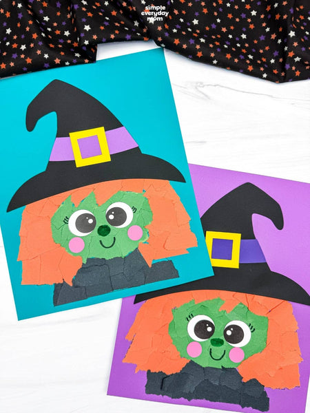Two finished Halloween torn paper witch crafts on turquoise and purple construction paper, featuring green faces, orange ripped paper hair, pink cheeks, and black witch hats with yellow buckles. The crafts are displayed on a white tabletop with Halloween star-patterned fabric in the background.