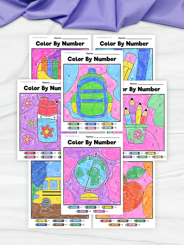 Color by number worksheets with back to school illustrations on a white background.