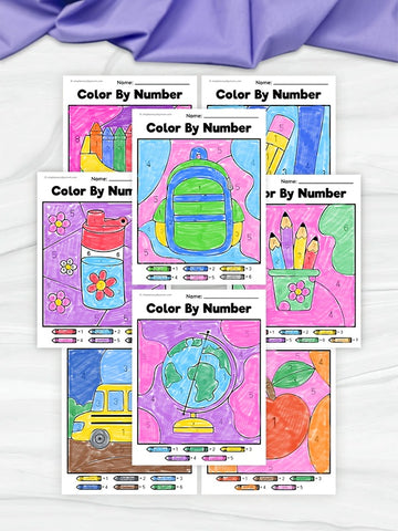 Color by number worksheets with back to school illustrations on a white background.