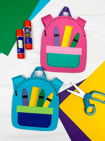 Colorful paper backpacks with stationery items on a colorful background