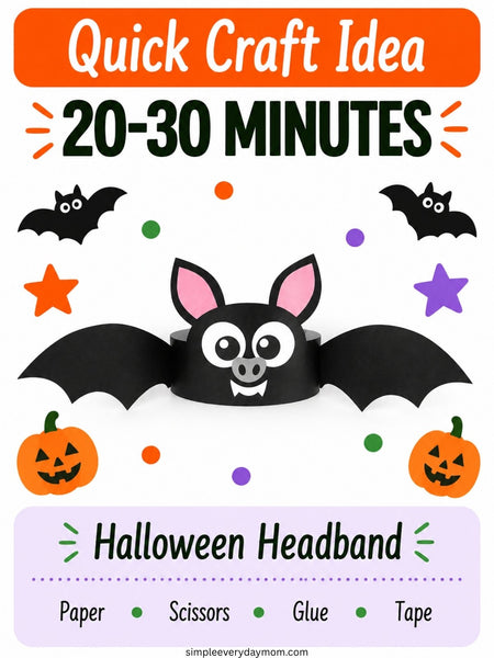 A Halloween craft activity graphic with the text 'Quick Craft Idea' and '20-30 MINUTES' above a black bat headband made from paper, with small pumpkin, star, dot, and bat illustrations around it. The bottom reads 'Halloween Headband' and lists materials: Paper, Scissors, Glue, Tape.