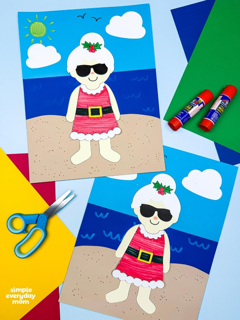 Two Mrs. Claus on the beach crafts on colorful background with scissors and glue sticks. 