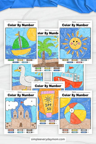 Set of eight completed summer-themed color-by-number worksheets for kids, featuring images like a sailboat, sun, beach ball, palm tree, duck, sandcastle, sunscreen, and a boat.