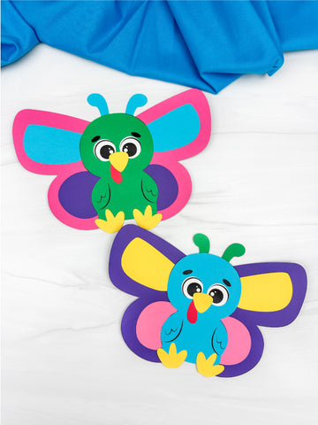 Two colorful butterfly-shaped turkeys on a white background.